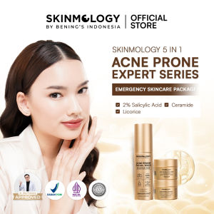 Skinmology By Benings Indonesia - 3 in 1 Acne Expert Series - Sabun Muka Krim Malam Krim Siang-Salicylic Acid Niacinamide Cerimide - Perawatan Malam Wajah Berjerawat Menenangkan Kulit Berjerawat - Pria Wanita Busui