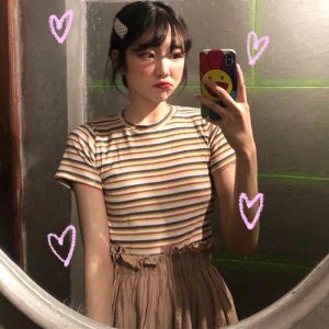 [HCM]Áo thun ngắn tay/ áo phông kẻ cổ tròn dáng ôm body nhiều màu freesize dễ mix đồ