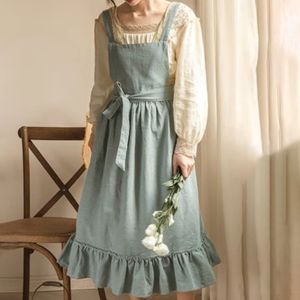 SEEDING Ruffled Hem Design Cotton Linen Apron Solid Color French Pastoral Kitchen Baking Apron Vintage Artsy Florist Ruffled Apron For Wedding