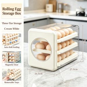【CozyCasa】 Cream White Fridge Egg Box | Three Rolling Storage Trays