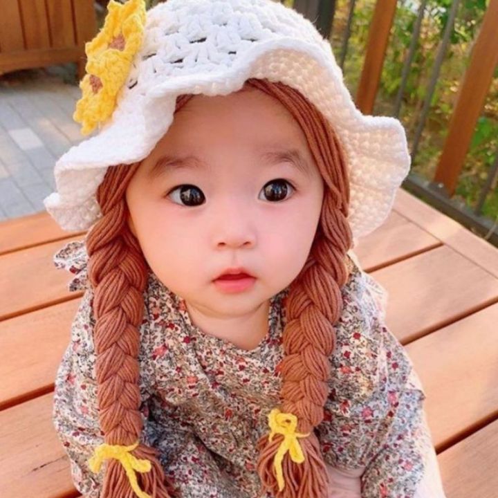 🇲🇾 cute sunflower baby hat with fake hair wig sun hat 女童假发帽太阳帽辫子size  48-52cm topi kanak mainan