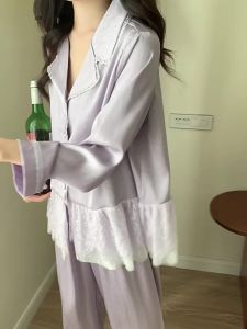 HT758 Bộ đồ ngủ lụa xước phối ren bèo xoè LYLYPijama dài tay tiểu thư tôn dáng HT758