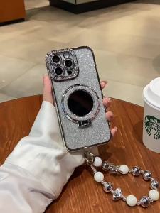CrashStar Magsafe Stand Makeup Mirror Glitter Diamond Edge Gorgeous Fashion Hard Shockproof Phone Case For iPhone 16 15 14 Pro Max Plus 13 12 11 Pro Max Wireless Charging Phone Casing Gradient Bling Luxury Phone Cover With Glitter Films Protection