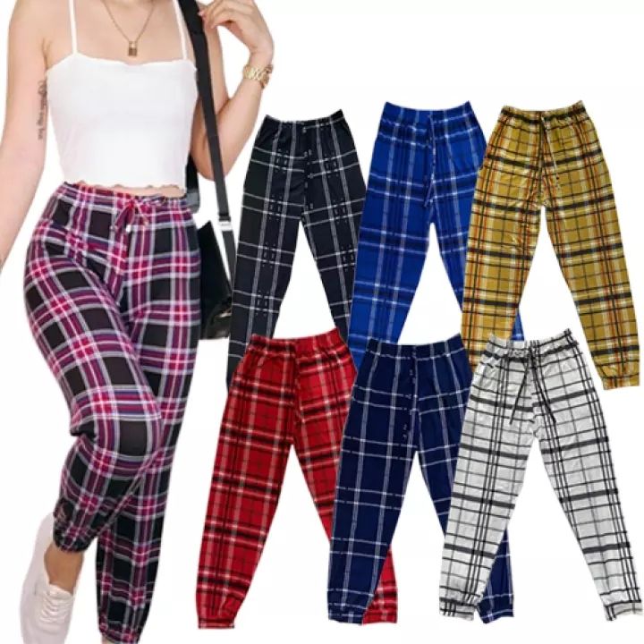 DressQueen-Women's trendy Plaid Jogger Pants Checkered Drape