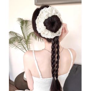 GLOWLITE White Lace Hair Bands Ponytail Ballet Style Hair Extension Twist Braid Wig Korean Style Synthetic Flower Bun Head Wig for Women