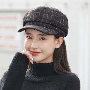 BAIXL Autumn Retro Street Style Girls Wool Korean Women Caps Plaid Beret Octagonal Hat Painter Hat