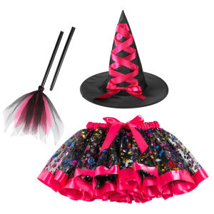 Halloween childrens costume printed mesh fabric tutu Witch hat broom tutu skirt set for girls short skirt