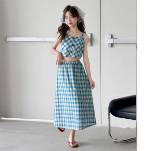 Summer Teenage Girls Clothing Sets Sleeveless Vest + Skirt Blue Plaid Two-Pieces Suits New Korean Style Sweet Children‘s Outfits h260702