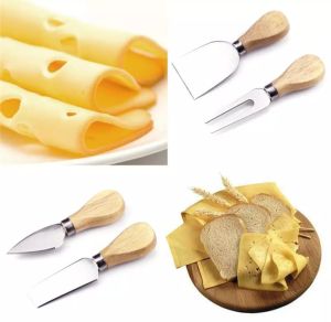 【Ready Stock SG】4Pcs Stainless Steel Wood Handles Cheese Cutter Set Cheese Knives Spreader Scraper Slicer Butter