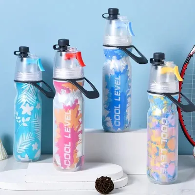 Bình Nước Thể Thao Phun Sương 600ml | Bình Nước Xịt Sương Làm Mát Có Quai Xách Du Lịch Tập Gym