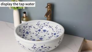 LDIES Torayvino Blue and White Porcelain Ceramic Lavatory Bathtub Mixer Washbasin Bathroom Vessel Sink Faucet Set with Pop-up Drain 2T9R4
