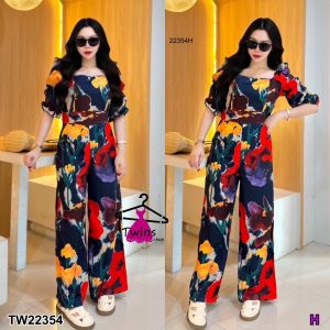 TW22354  Jumpsuit จั้มสูทคอกว้างแขนยาว ลายดอกไม้