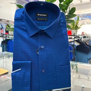 Áo sơ mi dài tay Việt Tiến xanh chấm 8P2232 100% cotton có size lớn - Regularfit vạt bầu