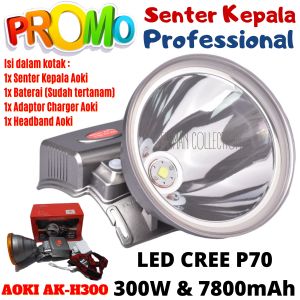 Senter Kepala Jumbo Led Cahaya Putih Kuning 300W Aoki Ak H300 ~ Senter Kepala Premium 300 Watt Super LED Baterai Lithium 7800mAh Super Terang Cahaya Putih dan Kuning Jarak 1500m Waterproof Headlamp Tahan 10 Jam NON STOP Water Resistant Tahan Air~ T.C
