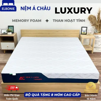 NỆM Á CHÂU LUXURY - MEMORY FOAM THAN HOẠT TÍNH CAO CẤP 2 Mặt Lỗ Tròn Thoáng khí Êm Ái Hỗ Trợ Cột Sống Lâu Dài -FREESHIP TOÀN QUỐC QUÀ TẶNG Cao cấp ELBONIE