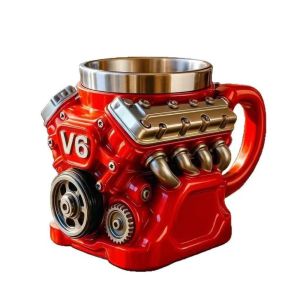 XENMART Double Wall Engine Coffee Mug with Handle Retro Insulation Car Mug Personalized Realistic Design V8 Engines Stainless Steel Cup Gifts for Men and Boys