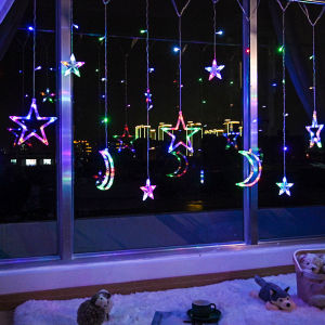 [SG SELLER]8 Mode LED Moon Star Remote Control Curtain Lights Fairy String Shop Window Display Room Christmas Decoration