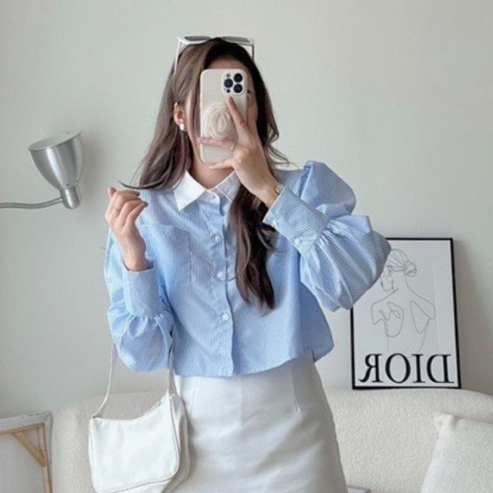 Áo sơ nữ croptop cổ trắng kiểu dáng hàn quốc ulzzang -áo sơ mi kẻ xanh ,áo  sơ mi học sinh dễ thương -THỜI TRANG 1989 | Lazada.vn