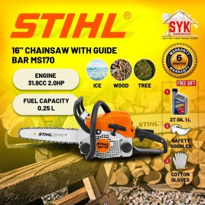 SYK Stihl Gasoline Chainsaw 16 Inch MS170 Pengasah Chainsaw Petrol Mesin Tebang Pokok Chainsaw Heavy Duty + Free Gift