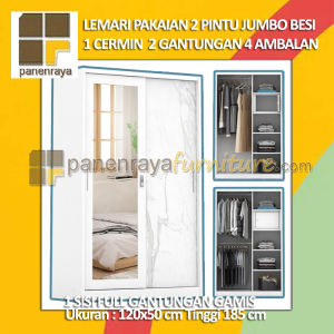 PanenRaya Lemari Pakaian 2 Pintu Sliding Jumbo Besi 1 Cermin Gamis