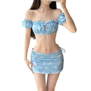 Women Swimming Costume Set 3 Pcs Swimwears with Beach Coverup Flower Printed Swimsuits Hollows Out Bathing Suit