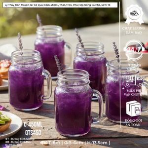 Set 6 Ly Thủy Tinh Có Quai Mason Jar 450Ml Kèm Nắp Và Ống Hút – Đựng Trà Sữa Detox Nước Ép