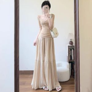 COD apricot chiffon skirt womens summer new high-waisted A-shaped fluffy cake skirt design pleated fairy dress 2026 new