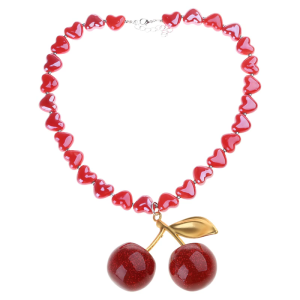 Cherry Heart Necklace Alloy and Glass Pendant Neckchain Adjustable Length Choker to Dates and Parties
