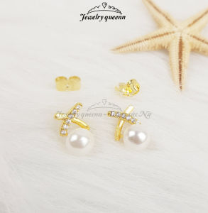 Bông Tai Nữ Khuyên Tai Gài Chữ x Đính Đá Gắn Trái Châu Nhân Tạo Thiết Kế Thanh Lịch B30V18 | Jewelry Queen