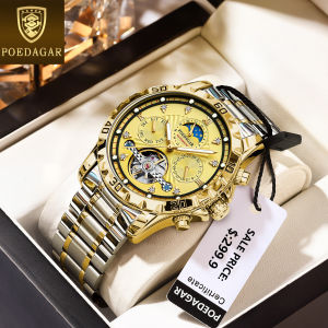 Swiss certification POEDAGAR automatic watch for men water proof original luxury stainless steel Imported mechanical movement luminous calendar sun and moon display watch
