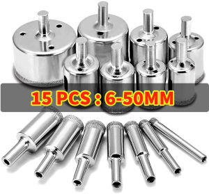Set 15 PCS 6mm-50mm Mata Bor Kaca Granit Keramik Marmer Batu / Mata Bor Set Diamond Coated Hole Drill Bit