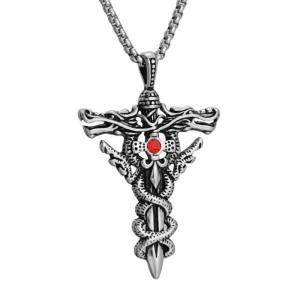Mens Punk Fashion Necklace Double Dragon Pendant in Stainless Steel with Crosses Pendant and Evils Eye Designs