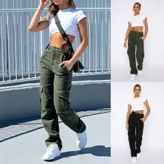 S-3XL Women Cargo Pants Wide Leg Pockets with Belt Spring Autumn Fashion  Casual Straight Loose Jogger Pants Plus Size Gothic Punk Streetwear Black  Army Green Pink