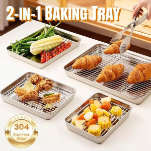 Stainless Steel Baking Tray Removable BBQ Tray Oil Drain Cooling Rack Plate Set Non-stick Mesh Sheet