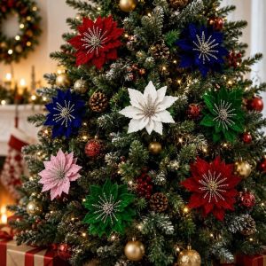 SQMETR Sparkling Artificial Poinsettia Flower Christmas Tree Ornaments 24CM Sequins Flower Colorful DIY Christmas Glitter Flower Home Decor