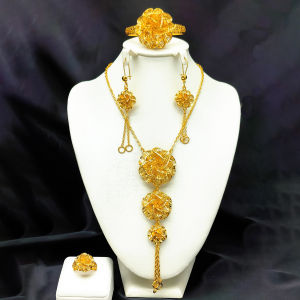 Sáng Bóng 24k Trang Sức Vàng Dubai 3D Hoa Trung Đông Nữ Vòng Cổ Bông Tai Vòng Tay Bốn Mảnh Không Dễ Phai Màu