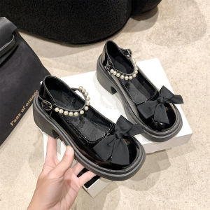 [Free Shipping] WomenS Small Leather Shoes Thick-Soled Height-Increasing Spring New Style Sweet Bowknot Shallow-Toe Flats With A Single-Strap Design
