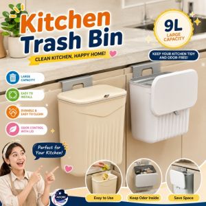 9L Trash Bin Wall Mounted Kitchen Bathroom Student Dormitory Space-Saving Trash with Lid White/Gream