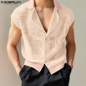 INCERUN Mens Casual Button Up Mesh Hollow Shirts Vintage Lapel Sleeveless Blouse (Korean Style)