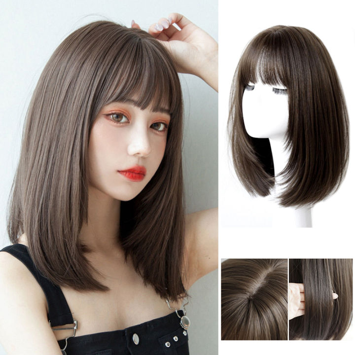 O New Korean Fashion Straight Wigs Medium Long Hair Wig with Bang