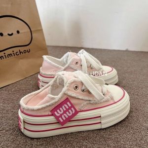 IELGY Pink Tassel Raw Edge Platform Canvas Shoes Womens Summer 2024 New Two-wear Versatile Board Shoes