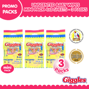 Giggles Baby Wipes Unscented Mini Pack 4x8 Sheets (3 packs) – Moisturizing Baby-Safe Multipurpose