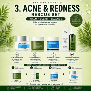 The Skin System Acne & Redness Rescue Set Calm Clear & Healthy Skin Hydration and Breakout Control with Real Barrier and Dr. Ceuracle Products Suitable for Acne-Prone Skin.