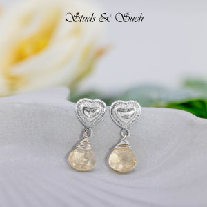 [Studs & Such] 925 Silver Feminine Heart Drop Earrings With Natural Citrine Stone
