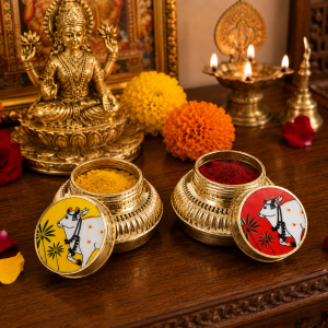 Pichwai and Kolam Design Metal Haldi Kumkum Holder | Traditional Pooja Container for Kumkum Manjal Festive Gifting & Décor (Pack of 1 Pc)