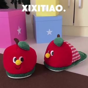 XIXITIAO Winter Girly New Indoor Cute Red Apple Cotton Slippers Student Warm Comfortable Home Furry Slippers for Women