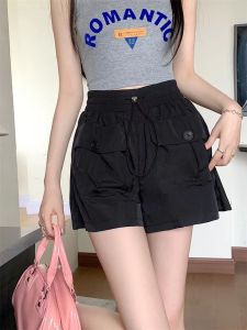 Celana Pendek Kargo Baru Wanita Celana Kaki Lebar A-Line Serut Pinggang Tinggi Gaya Korea