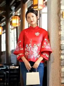 FE New Year Tang Suit Womens Clothing Chinese Style High-End Elegant Buckle Chinese Style Vintage Embroidery Short Improved Cheongsam Top 1.12
