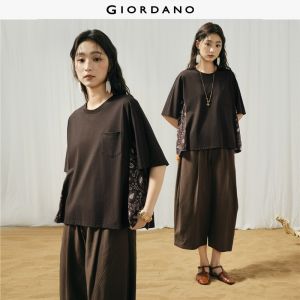 Giordano Women Paisley paneled 1/2 sleeve tee Free Shipping 18326310
