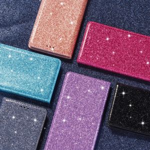 Glitter Leather Magnetic Flip Case For Iphone 11 12 13 14 15 16 16E 17 Air Pro Plus Max Bling Wallet bag Card Cover